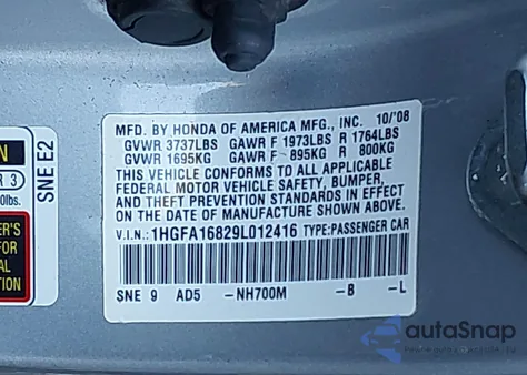 2009 Honda Civic Ex z USA, uszkodzony, nr VIN 1HGFA16829L012416